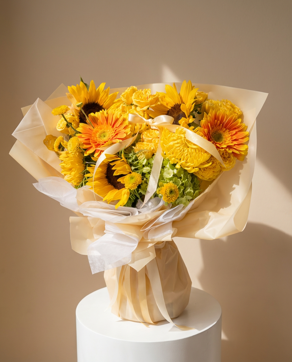 Bouquet of yellow flowers with greenery perfect for mother's day gifts by Floréalo Miami Florist