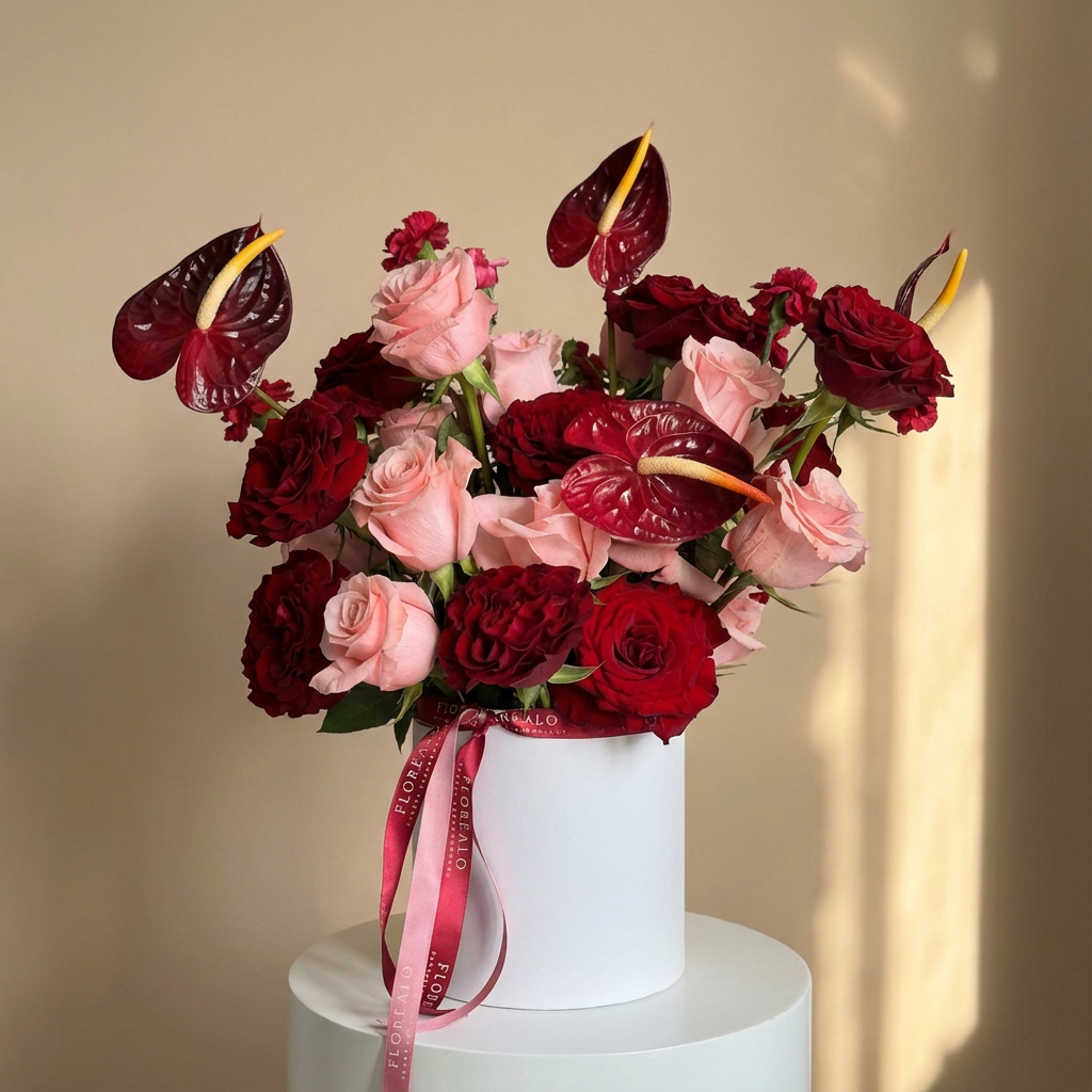 Bouquet of red and pink flowers in a white vase with a pink ribbon on a beige background made by Miami floral studio Floréalo. 