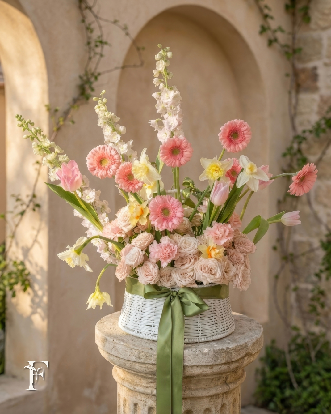 Luxury pastel flower basket arrangement by Miami florist Floréalo featuring roses, tulips, gerbera daisies, and spring flowers
