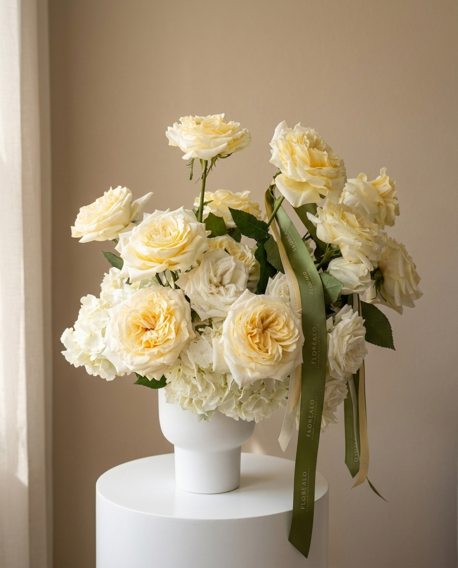 Bouquet of white and yellow flowers with a green ribbon in a white vase on a beige background